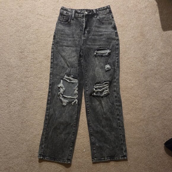 Shein Petite Gray Straight Leg High-Waisted Ripped Jeans - Picture 1 of 2